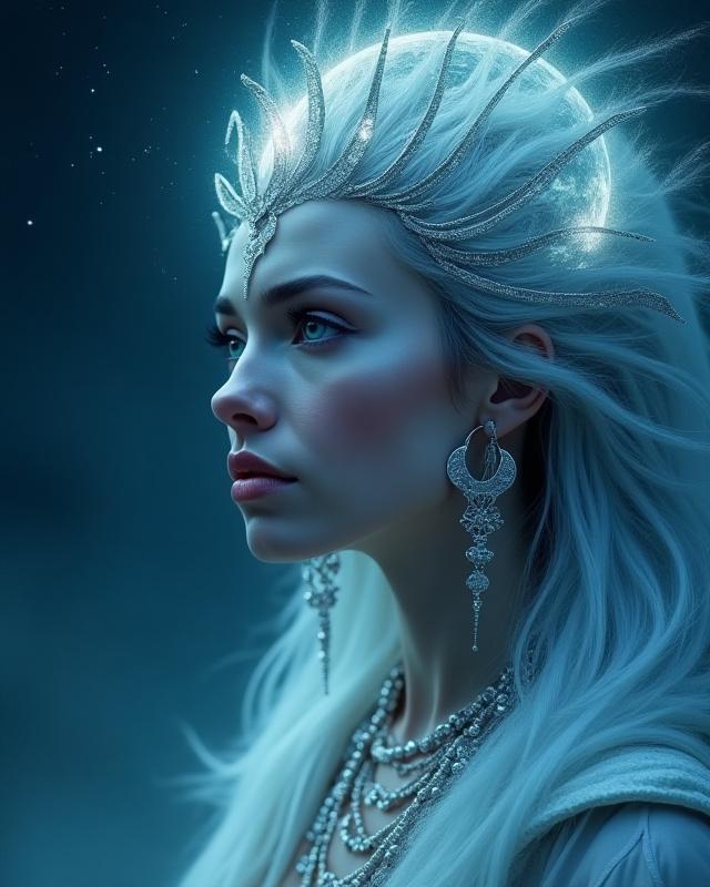 Retrato digital de una diosa lunar con estética Tonatiuh Labs