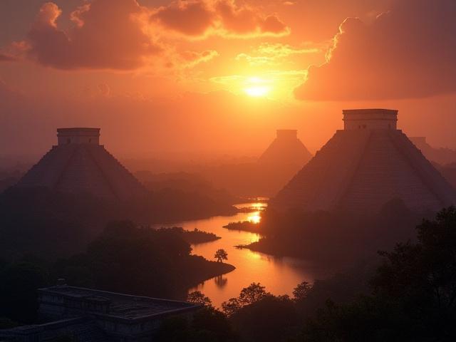 Paisaje de Tenochtitlán al atardecer con un toque mitológico