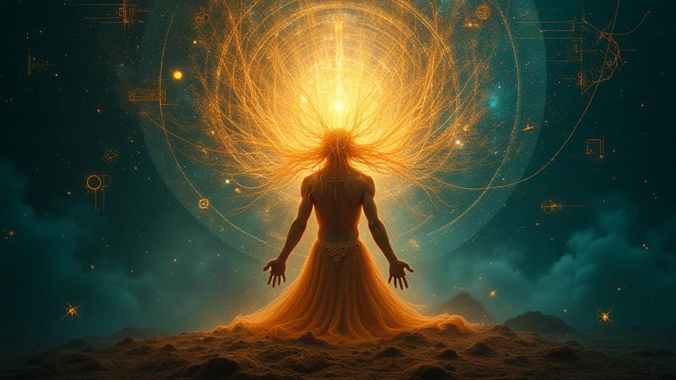 Un espíritu creativo emerge de un blend de tecnología moderna y símbolos de arte mesoamericano.