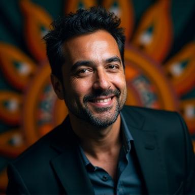 Retrato profesional de un director de arte con un fondo abstracto de Huitzilopochtli.