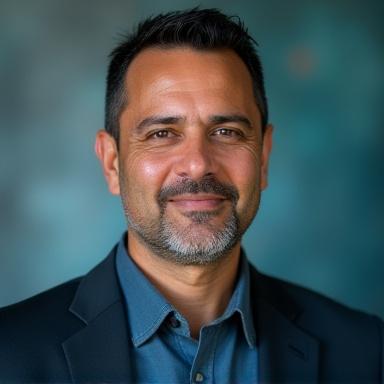 Retrato profesional de un ingeniero de software con un fondo abstracto de Tláloc.