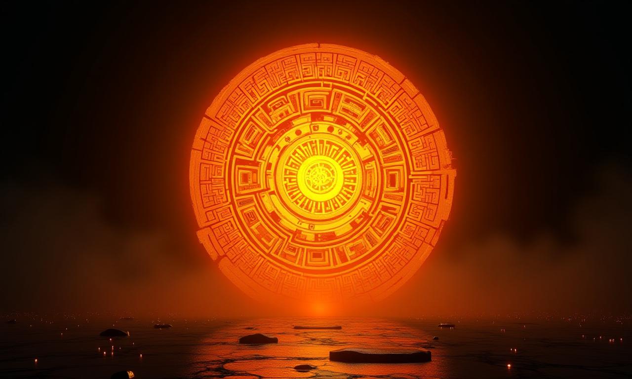 Imagen heroica: un sol azteca estilizado con glifos modernos y elementos tecnológicos, iluminando un paisaje digital.